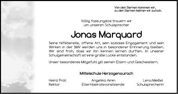 Traueranzeige von Jonas Marquard von Nordbayerische Nachrichten Herzogenaurach Lokal
