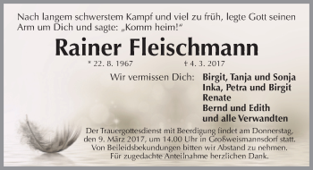 Traueranzeige von Rainer Fleischmann von Gesamtausgabe Nürnberger Nachrichten/ Nürnberger Ztg.