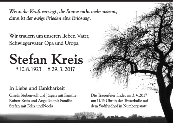 Traueranzeige von Stefan Kreis von Gesamtausgabe Nürnberger Nachrichten/ Nürnberger Ztg.