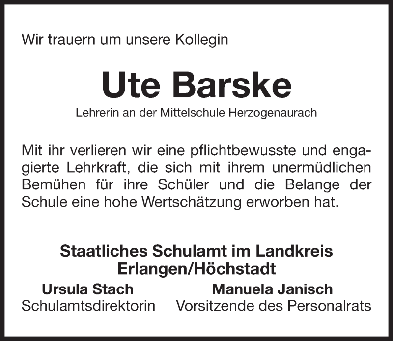 Traueranzeige für Ute Barske vom 07.03.2017 aus Nordbayerische Nachrichten Herzogenaurach Lokal