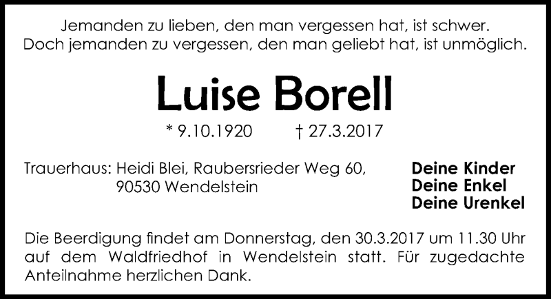  Traueranzeige für Luise Borell vom 29.03.2017 aus Schwabach