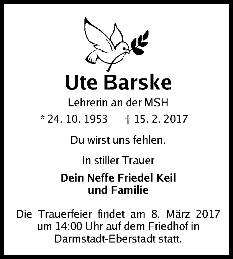  Traueranzeige für Ute Barske vom 06.03.2017 aus G,HEN,HHE