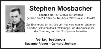 Traueranzeige von Stephen Mosbacher von Gesamtausgabe Nürnberger Nachrichten/ Nürnberger Ztg.