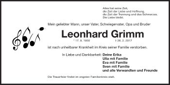 Traueranzeige von Leonhard Grimm von Gesamtausgabe Nürnberger Nachrichten/ Nürnberger Ztg.
