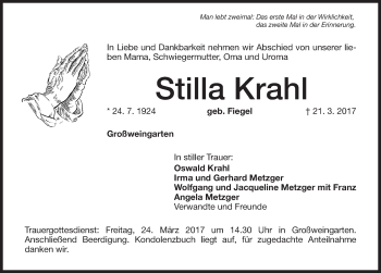Traueranzeige von Stilla Krahl von Altmühl-Bote Lokal