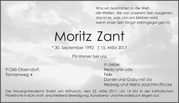 Traueranzeige von Moritz Zant von Gesamtausgabe Nürnberger Nachrichten/ Nürnberger Ztg.
