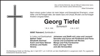 Traueranzeige von Georg Tiefel von Fürther Nachrichten Lokal