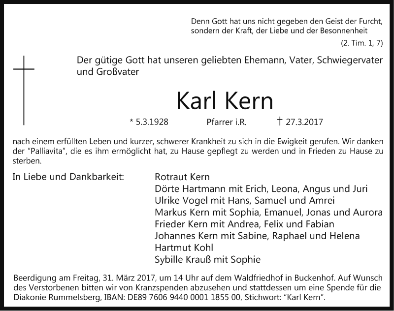  Traueranzeige für Karl Kern vom 29.03.2017 aus Gesamtausgabe Nürnberger Nachrichten/ Nürnberger Ztg./ Erlanger Nachrichten