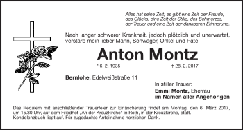 Traueranzeige von Anton Montz von Roth-Hilpoltsteiner Volkszeitung Lokal