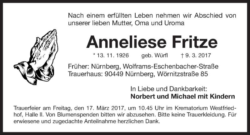  Traueranzeige für Anneliese Fritze vom 14.03.2017 aus Gesamtausgabe Nürnberger Nachrichten/ Nürnberger Ztg.