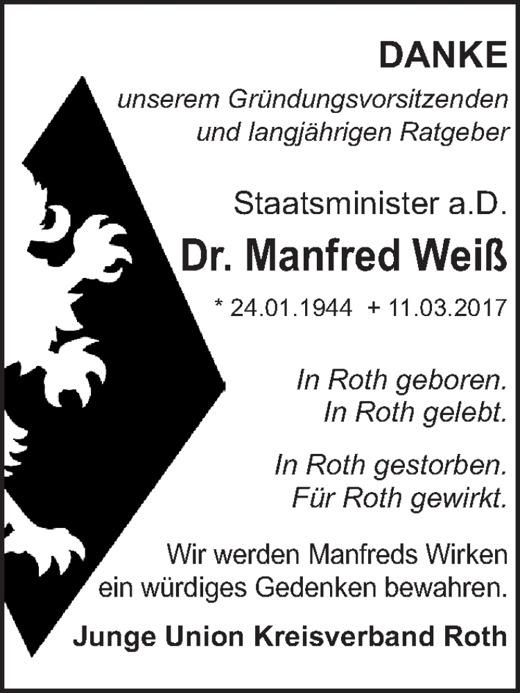  Traueranzeige für Manfred Weiß vom 15.03.2017 aus Roth-Hilpoltsteiner Volkszeitung Lokal