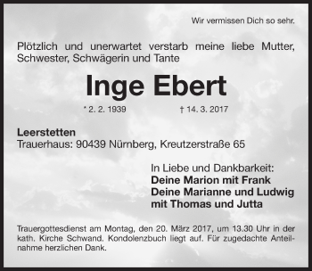 Traueranzeige von Inge Ebert von Gesamtausgabe Nürnberger Nachrichten/ Nürnberger Ztg.