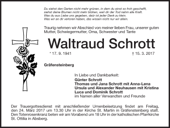 Traueranzeige von Waltraud Schrott von Altmühl-Bote Lokal