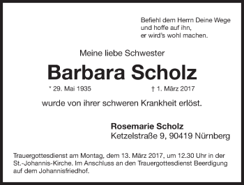 Traueranzeige von Barbara Scholz von Gesamtausgabe Nürnberger Nachrichten/ Nürnberger Ztg.