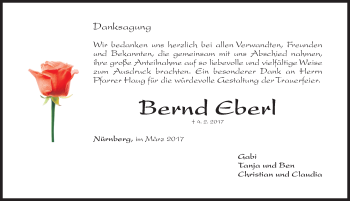 Traueranzeige von Bernd Eberl von Gesamtausgabe Nürnberger Nachrichten/ Nürnberger Ztg./ Fürther Nachrichten