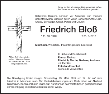 Traueranzeige von Friedrich Bloß von Altmühl-Bote Lokal