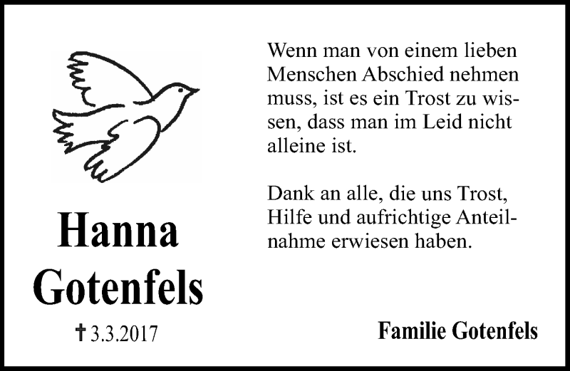  Traueranzeige für Hanna Gotenfels vom 18.03.2017 aus Erlanger Nachrichten Lokal