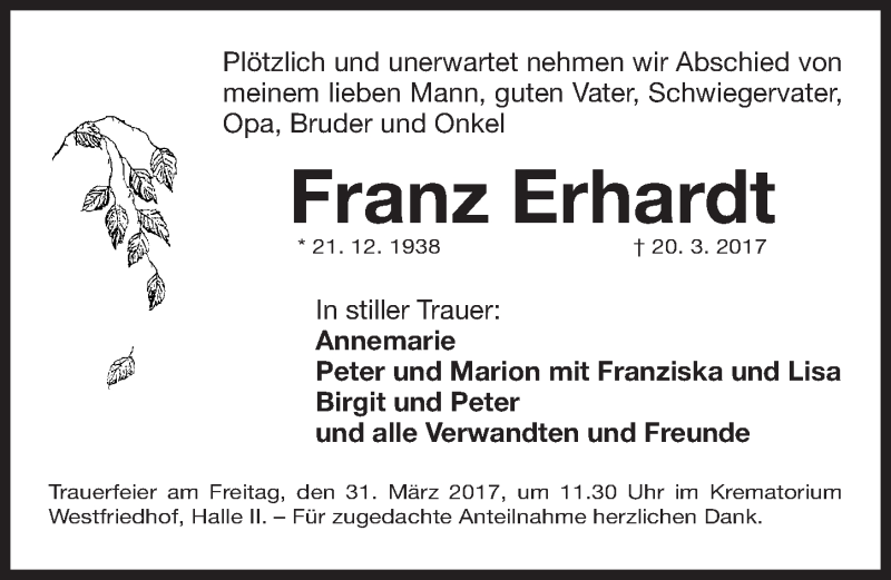 Traueranzeigen Von Franz Erhardt Trauer Nn De