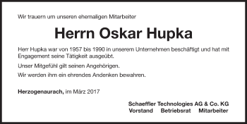 Traueranzeige von Oskar Hupka von Nordbayerische Nachrichten Herzogenaurach Lokal