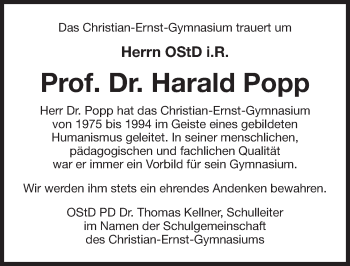 Traueranzeige von Harald Popp von Erlanger Nachrichten Lokal