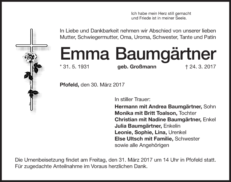 Traueranzeigen Von Emma Baumg Rtner Trauer Nn De