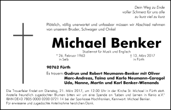 Traueranzeige von Michael Benker von Fürther Nachrichten Lokal