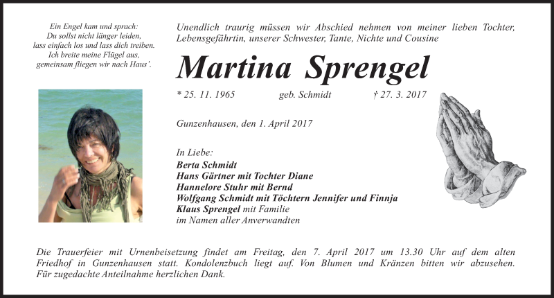  Traueranzeige für Martina Sprengel vom 01.04.2017 aus Altmühl-Bote Lokal