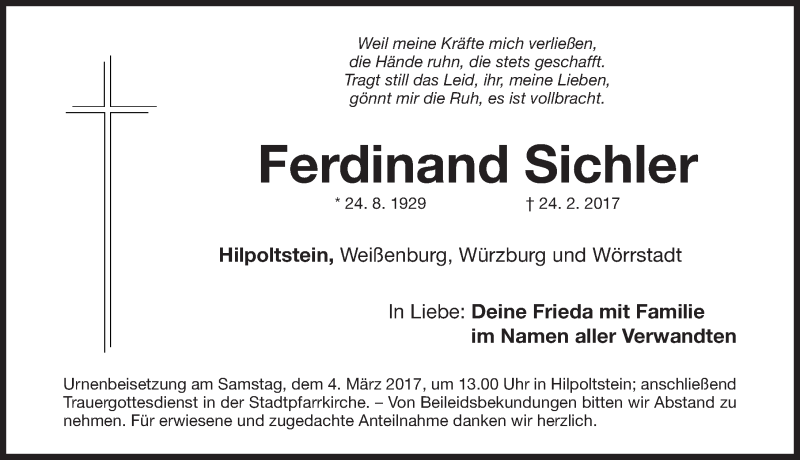  Traueranzeige für Ferdinand Sichler vom 02.03.2017 aus Roth-Hilpoltsteiner Volkszeitung Lokal