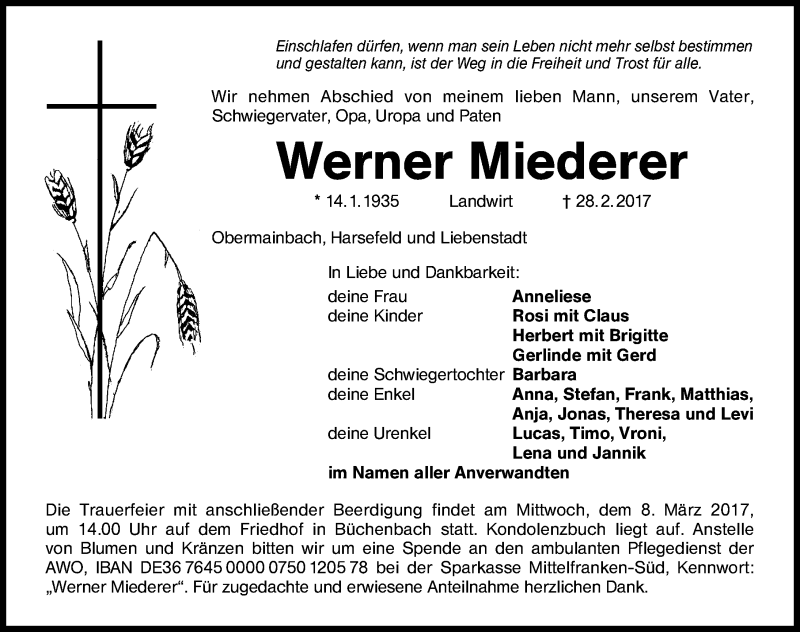  Traueranzeige für Werner Miederer vom 04.03.2017 aus Schwabach