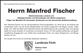 Traueranzeige von Manfred Fischer von Fürther Nachrichten Lokal
