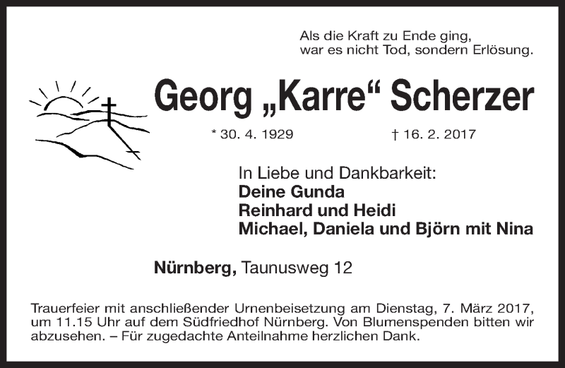  Traueranzeige für Georg Scherzer vom 04.03.2017 aus Gesamtausgabe Nürnberger Nachrichten/ Nürnberger Ztg.