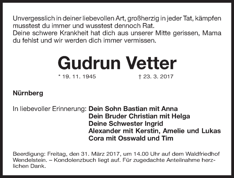  Traueranzeige für Gudrun Vetter vom 29.03.2017 aus Gesamtausgabe Nürnberger Nachrichten/ Nürnberger Ztg.