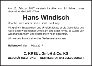 Traueranzeige von Hans Windisch von Nordbayerische Nachrichten Forchheim Lokal
