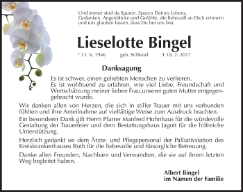 Traueranzeige von Lieselotte Bingel von Roth-Hilpoltsteiner Volkszeitung Lokal