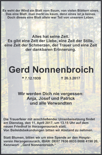 Traueranzeige von Gerd Nonnenbroich von Nordbayerische Nachrichten Herzogenaurach Lokal