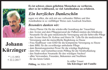 Traueranzeige von Johann Kürzinger von Neumarkter Nachrichten Lokal