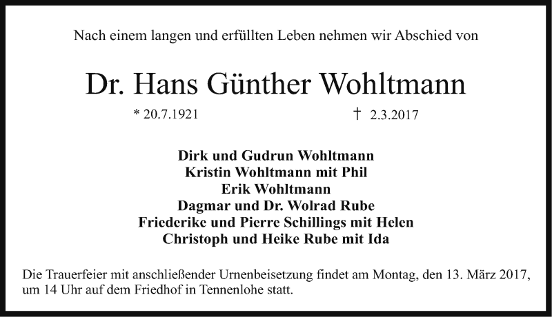  Traueranzeige für Hans Günther Wohltmann  vom 08.03.2017 aus Erlanger Nachrichten Lokal