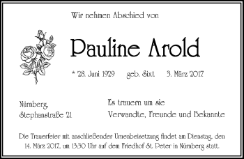 Traueranzeige von Pauline Arold von Gesamtausgabe Nürnberger Nachrichten/ Nürnberger Ztg.