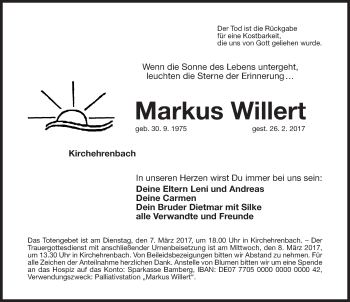Traueranzeige von Markus Willert von Nordbayerische Nachrichten Forchheim Lokal