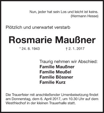 Traueranzeige von Rosmarie Maußner von Gesamtausgabe Nürnberger Nachrichten/ Nürnberger Ztg.