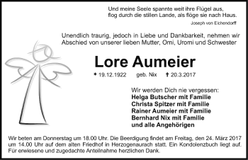 Traueranzeige von Lore Aumeier von Nordbayerische Nachrichten Herzogenaurach Lokal