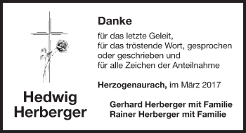 Traueranzeige von Hedwig Herberger von Nordbayerische Nachrichten Herzogenaurach Lokal
