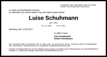 Traueranzeige von Luise Schuhmann von Gesamtausgabe Nürnberger Nachrichten/ Nürnberger Ztg.