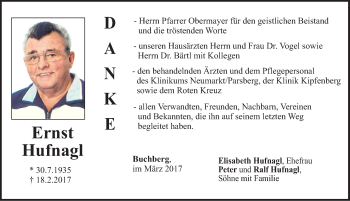 Traueranzeige von Ernst Hufnagel von Neumarkter Nachrichten Lokal