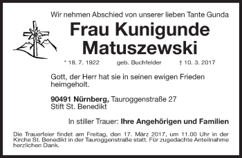 Traueranzeige von Kunigunde Matuszewski von Gesamtausgabe Nürnberger Nachrichten/ Nürnberger Ztg.