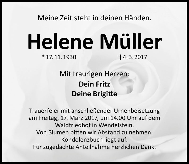  Traueranzeige für Helene Müller vom 15.03.2017 aus Schwabach