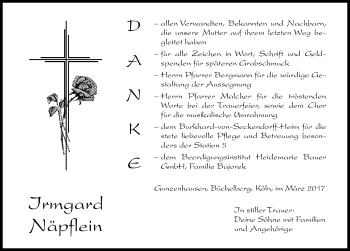Traueranzeige von Irmgard Näpflein von Altmühl-Bote Lokal