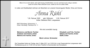 Traueranzeige von Anna Rühl von Schwabach