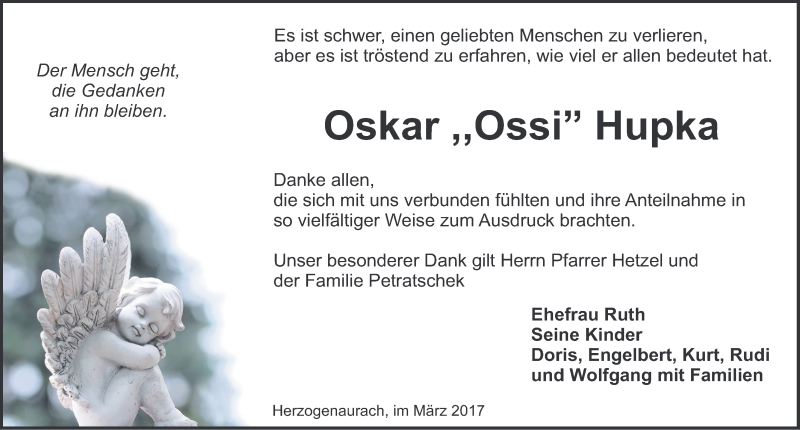  Traueranzeige für Oskar Hupka vom 18.03.2017 aus Nordbayerische Nachrichten Herzogenaurach Lokal