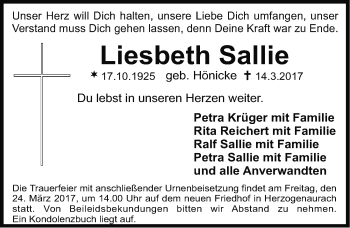 Traueranzeige von Liesbeth Sallie von Erlanger Nachrichten Lokal